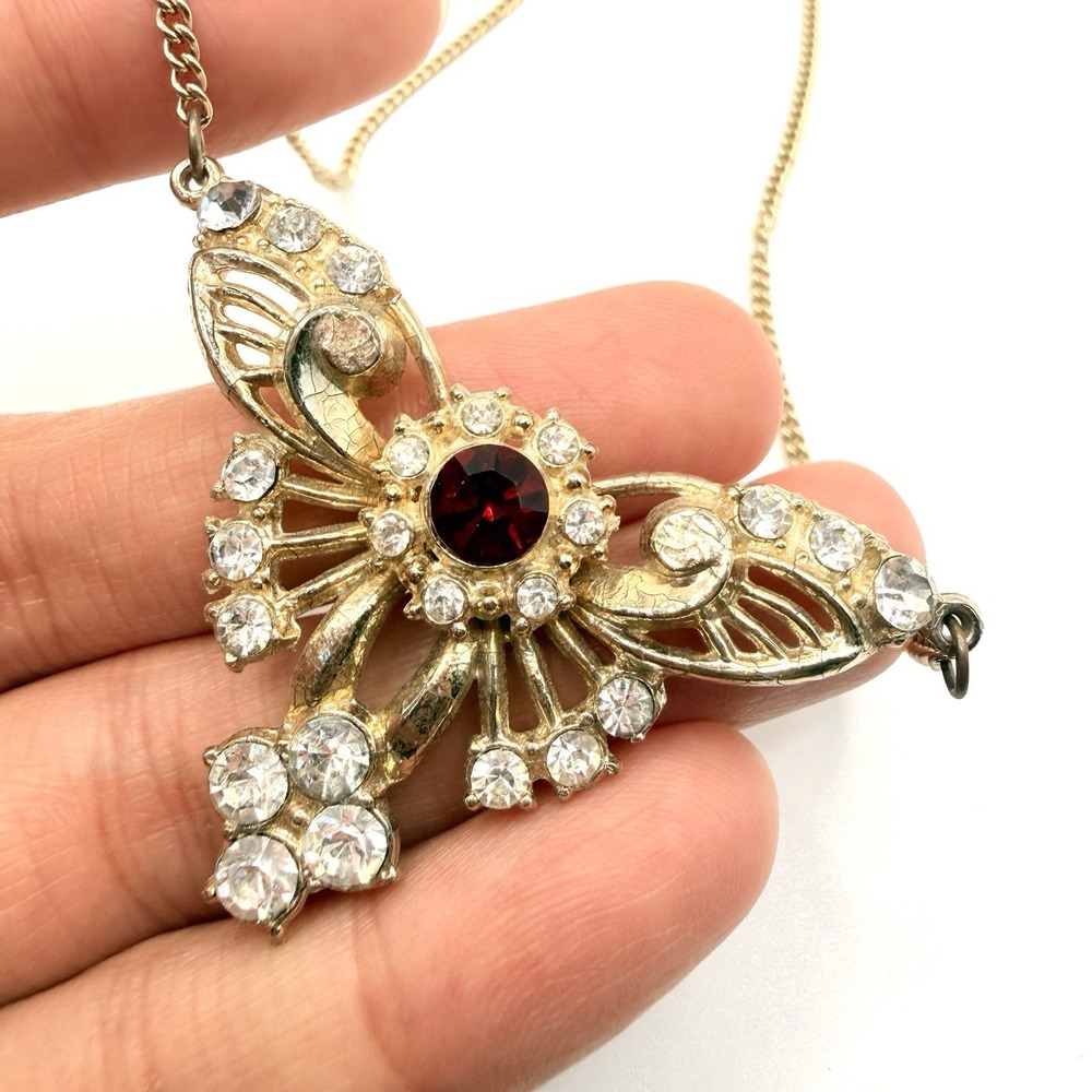 Vintage Gold Tone Butterfly Pendant Choker Necklace Red & Clear Rhinestones